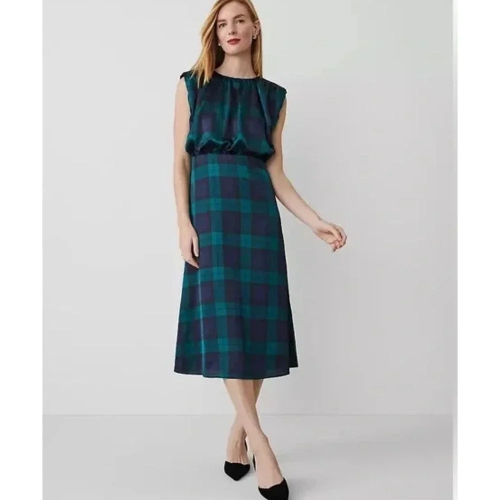 Ann Taylor Tartan Cap Sleeve Midi Dress Rainforest Size 6